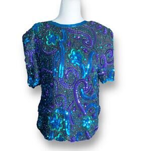 Vintage Laurence Kazar Silk Sequin Beaded Top Turquoise Purple Abstract Art PL